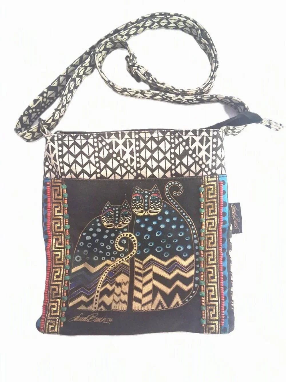 Vintage Y2K LAUREL BURCH Beaded Egyptian Cat Crossbody Handbag Purse Boho Retro